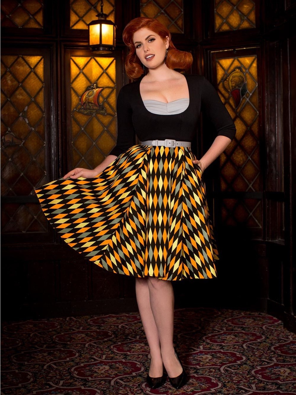 House Harlequin Alfreda dress byPinup Couture x Laura Byrnes  Black & Yellow